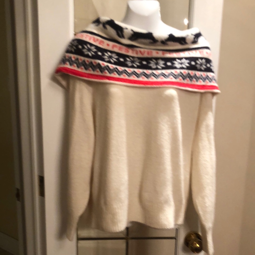 Women's Christmas Off The Shoulder Sweater with Patterned Collar